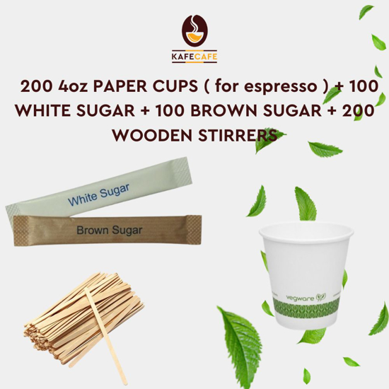 Picture of 200PCS 4OZ SUGAR + 200 SUGAR BROWN & WHITE + 200 STIRRERS